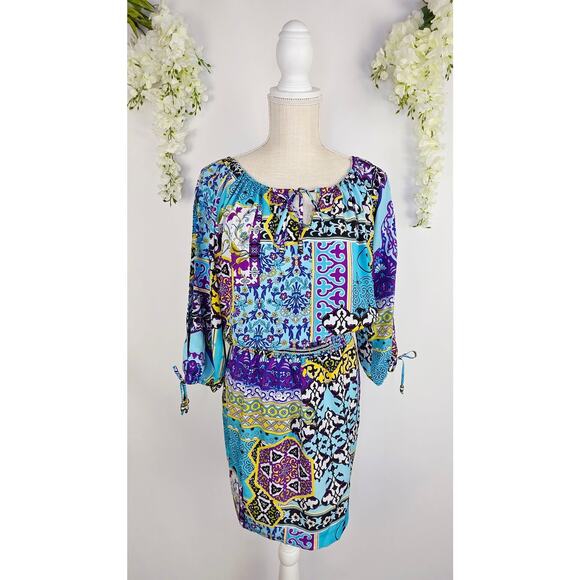 Cache Dresses & Skirts - Cache Mini Blouson Dress Small Blue Purple Patchwork Boho Y2K Eclectic Artsy